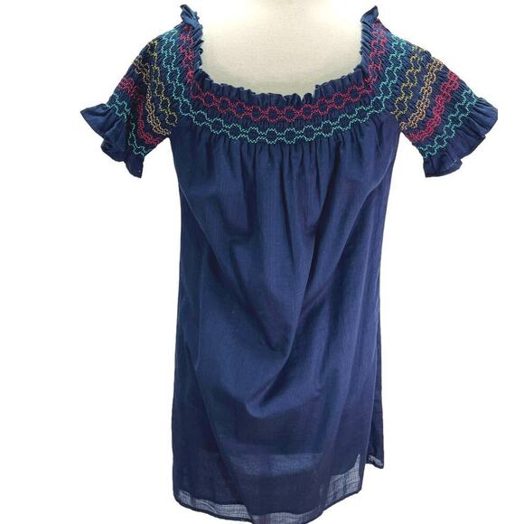 Trina Turk Embroidered Off The Shoulder Smocked Blouse Cotton Indigo Small NWT - Picture 8 of 12